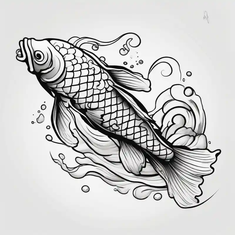 koi fish swimming upstream fishing tattoos – Cartoon, Black and white